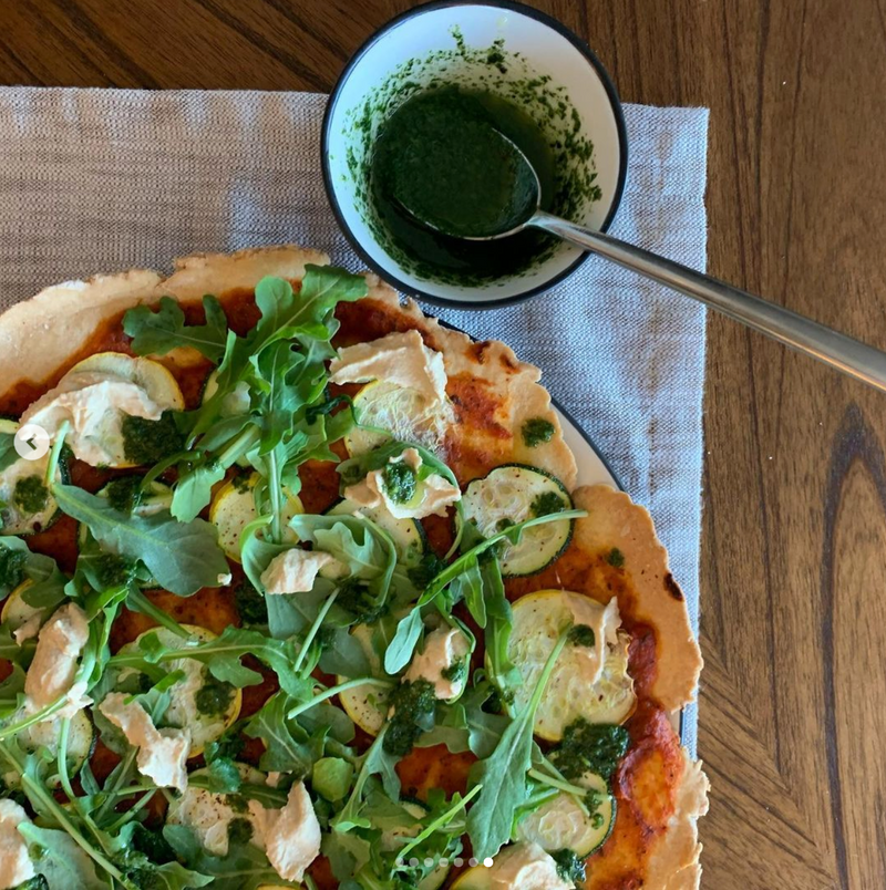 zucchini pizza with basil oil and cashew ricotta