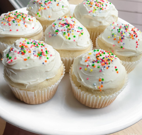 vanilla cupcakes with "cream cheese" frosting
